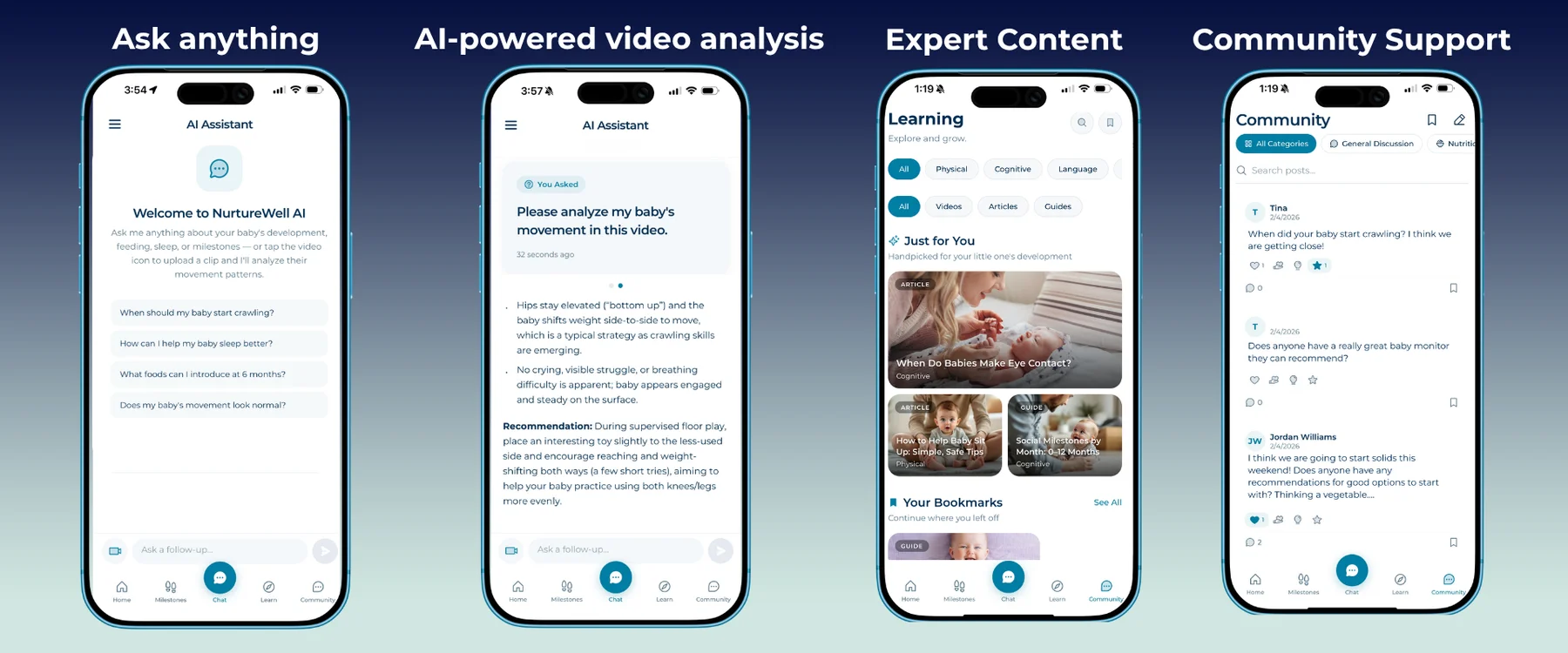 Overview of the NurtureWell app — milestones, expert content, AI assistant, and community