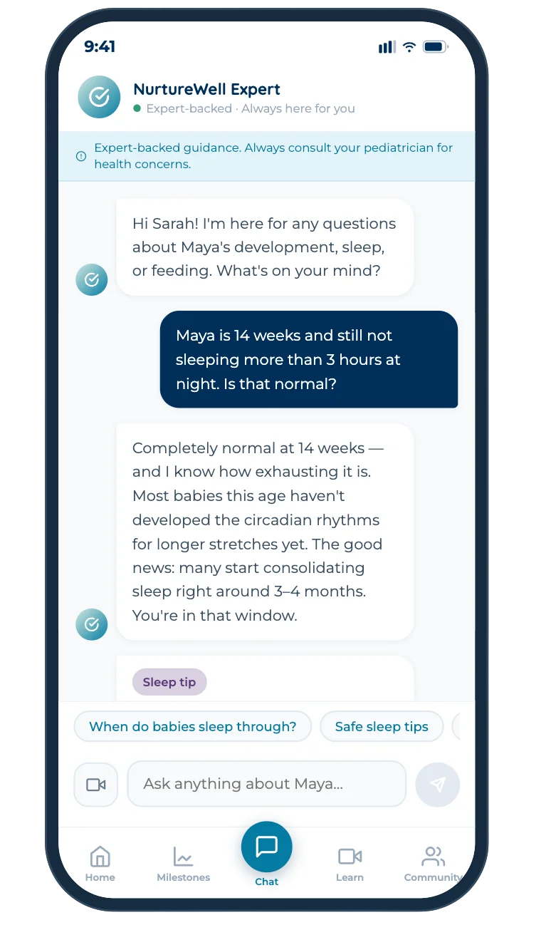 NurtureWell Expert chat, answering a question about a 14-week-old's sleep