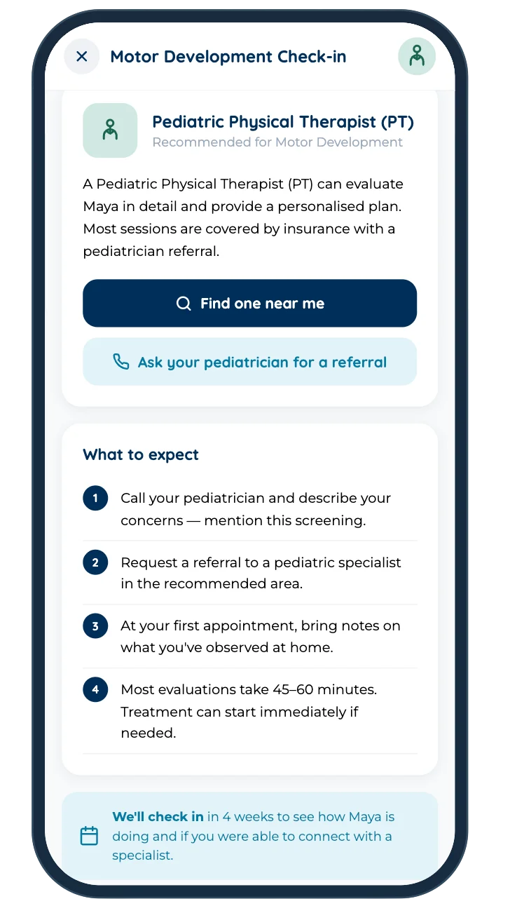 Motor Development check-in showing assessment responses and a recommendation to connect with a specialist