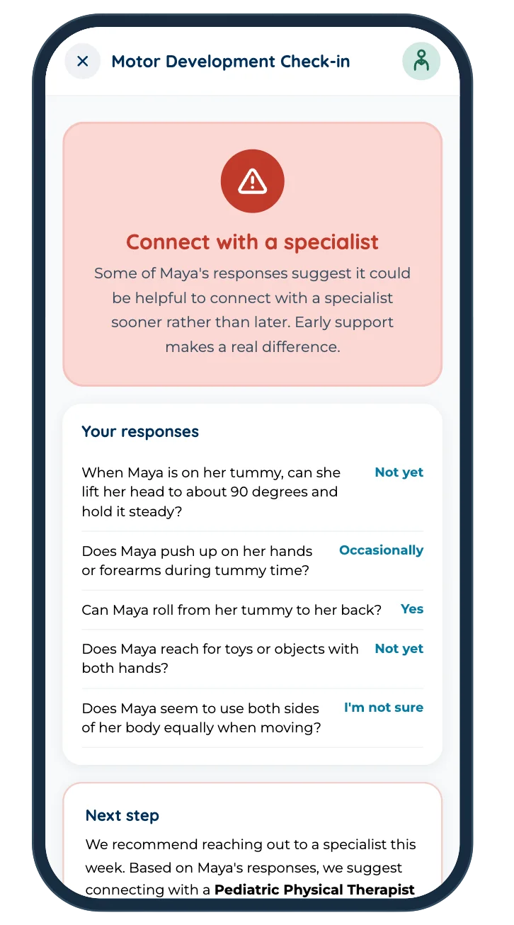 Connect with a Pediatric Physical Therapist screen with steps and a check-in plan