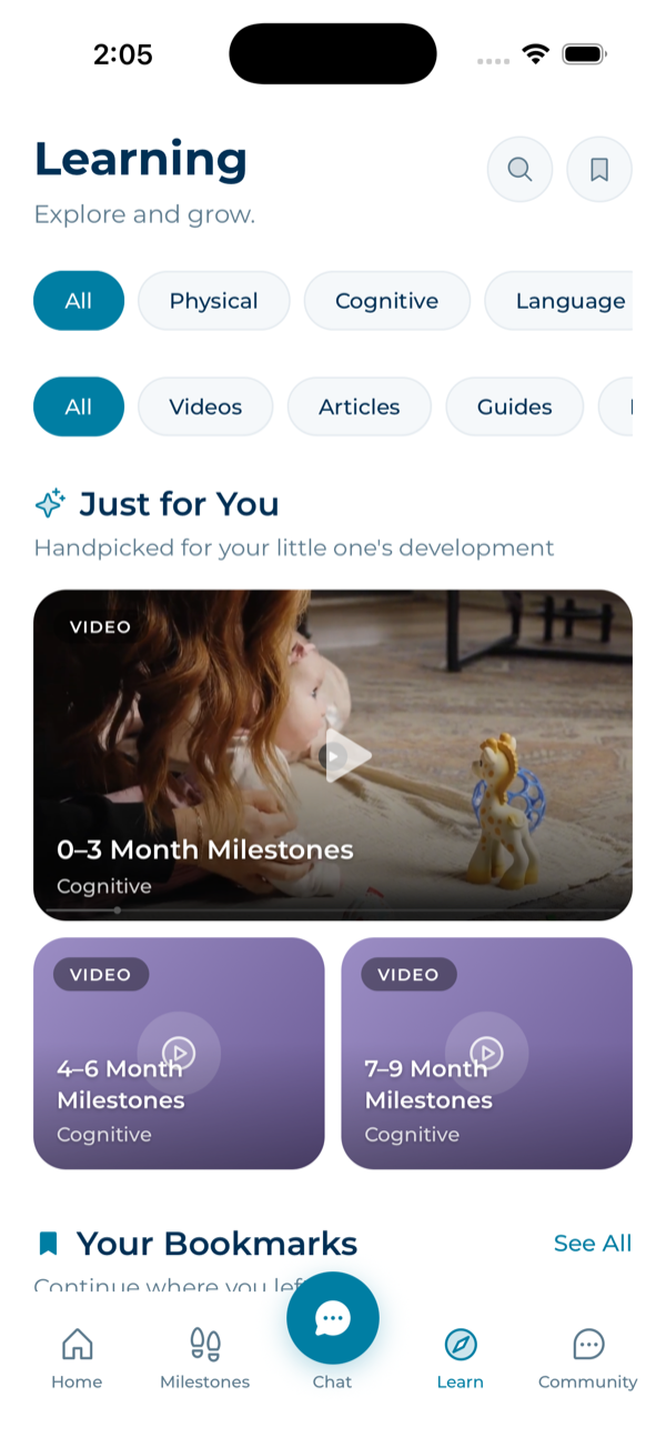 Learning screen with curated articles, videos, and guides