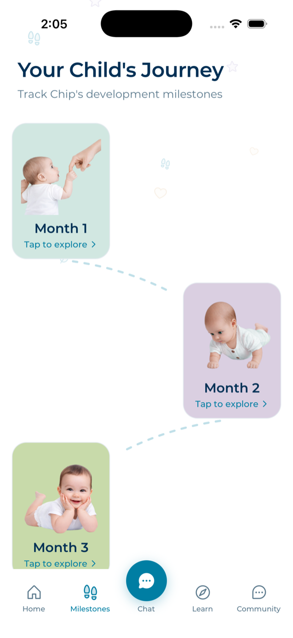 Milestone tracking screen showing your child's development journey by month