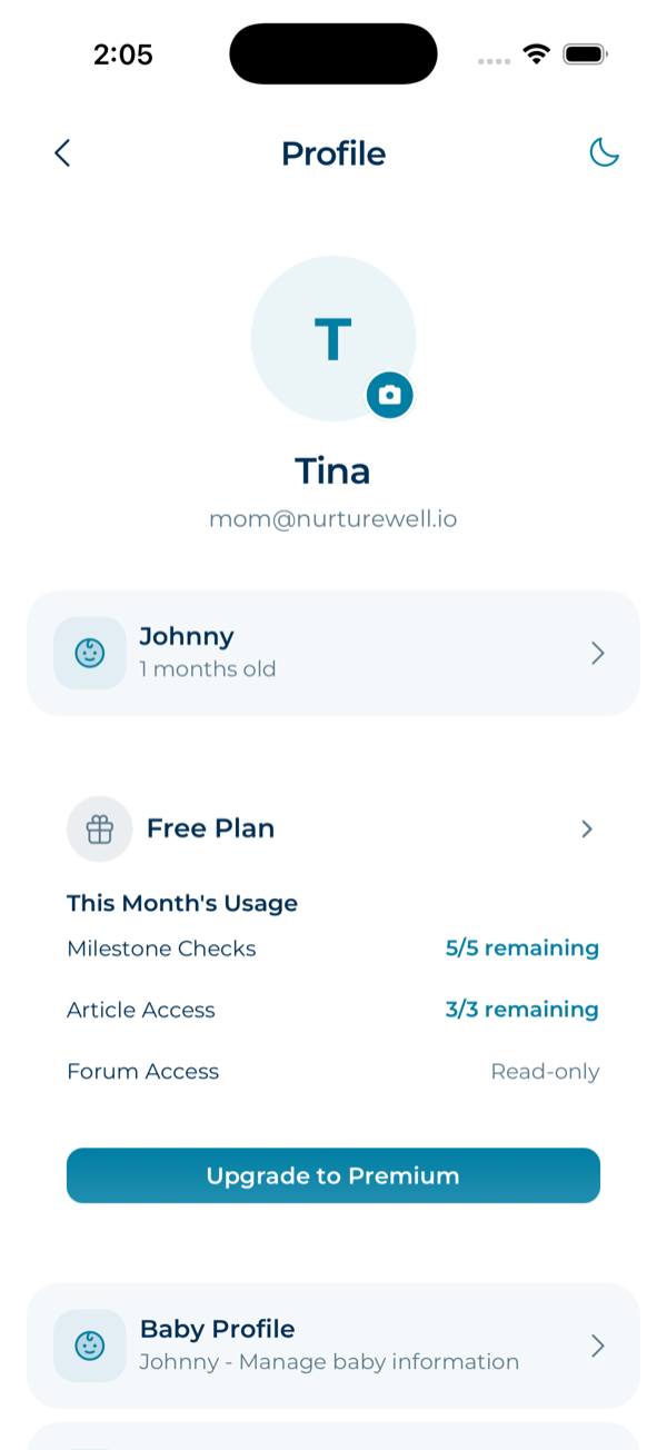 Profile screen showing subscription plan and usage tracking